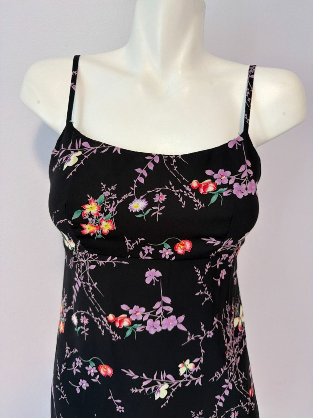 Vintage 90s Y2K Whimsigoth Grunge Black Floral Mini Ditsy Slip Dress Size 3 - Picture 2 of 7